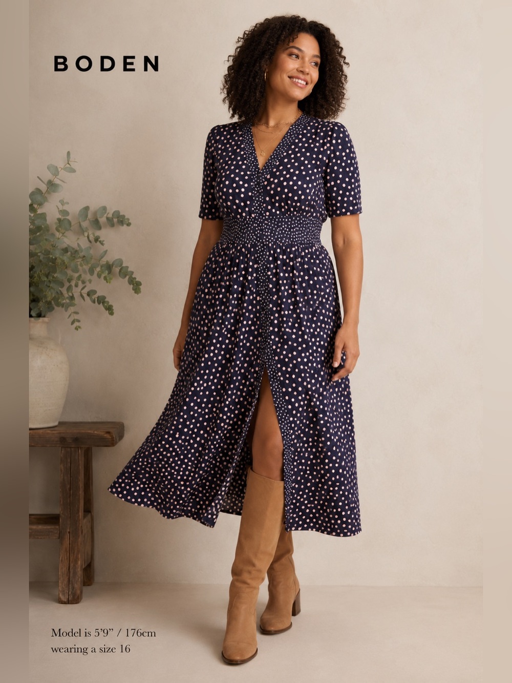 Boden Natalia Jersey Tea Dress NWT Navy Polka Dot Midi Dress US 16 18 Modest